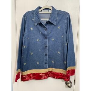 Vintage Lemongrass Denim Blouse Large Satin Trim Embroidered Asian Inspired Boho